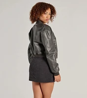 Casual Slay Cropped Oversized Faux Leather Bomber Jacket