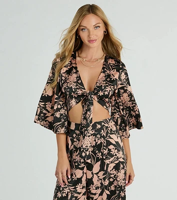 Flawless Floral Kimono Tie-Front Satin Crop Top