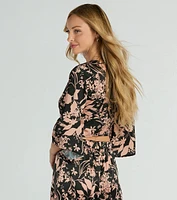 Flawless Floral Kimono Tie-Front Satin Crop Top