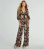 Flawless Floral Kimono Tie-Front Satin Crop Top