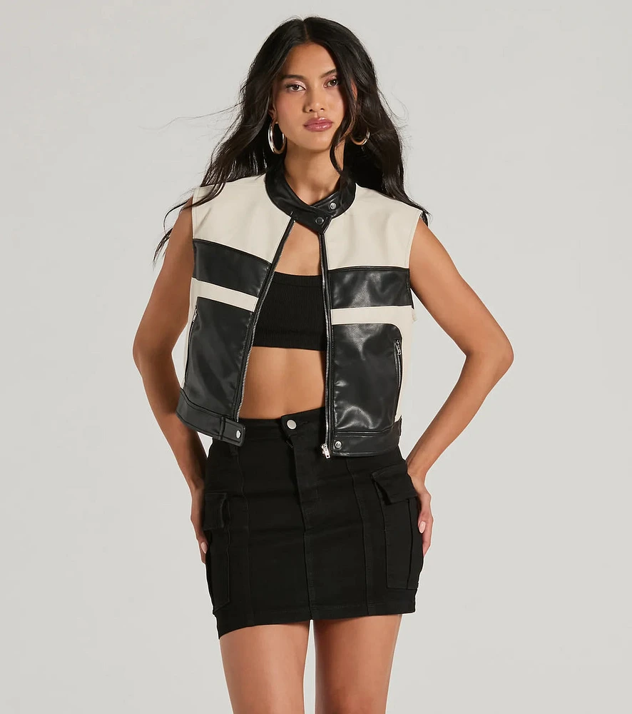 Meet The Crew Contrast Moto Faux Leather Vest