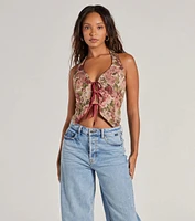 Adore You Floral Tapestry Lace Up Vest