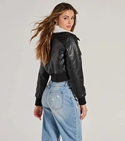 Chic Sherpa Collared Faux Leather Bomber Jacket