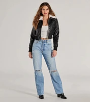 Chic Sherpa Collared Faux Leather Bomber Jacket