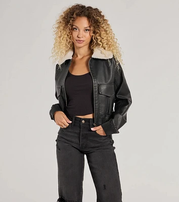 Edgy Chic Flair Faux Leather And Sherpa Bomber Jacket