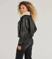 Edgy Chic Flair Faux Leather And Sherpa Bomber Jacket