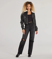 Edgy Chic Flair Faux Leather And Sherpa Bomber Jacket