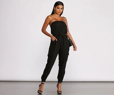 Strapless Cargo Pocket Jogger Jumpsuit