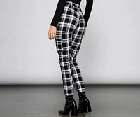 High Waist Plaid Joggers With Chain