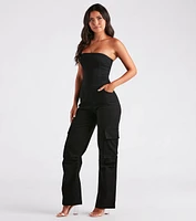 New Vibe Strapless Denim Cargo Jumpsuit