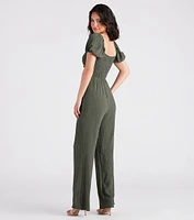 Flirt On Check Linen Puff Sleeve Jumpsuit