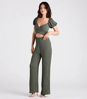 Flirt On Check Linen Puff Sleeve Jumpsuit