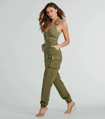 On The Hit List Halter Cargo Jogger Denim Jumpsuit