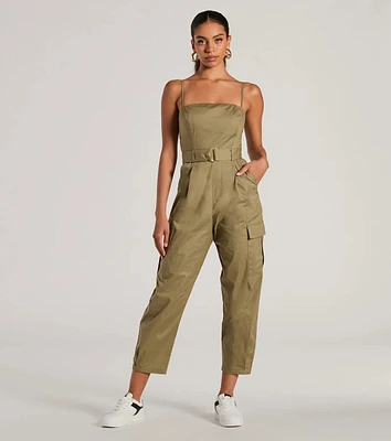 Social Outing Sleeveless Belted Cargo Crop Jumpsuit