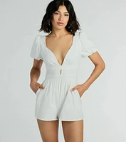 One Take Puff Sleeve V-Neck Linen Romper