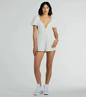 One Take Puff Sleeve V-Neck Linen Romper