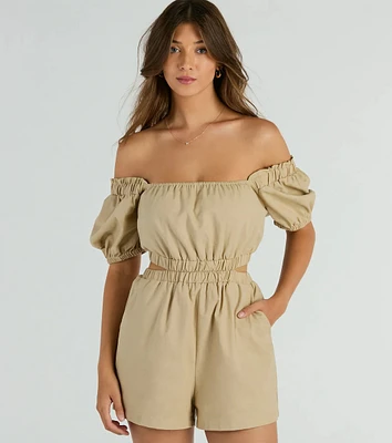 Day Time Adventure Puff Sleeve Cutout Linen Romper