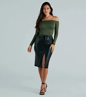 Chic Structure Faux Leather Cargo Midi Skirt