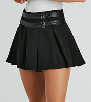 So Chic Belted And Pleated Woven Skater Skirt