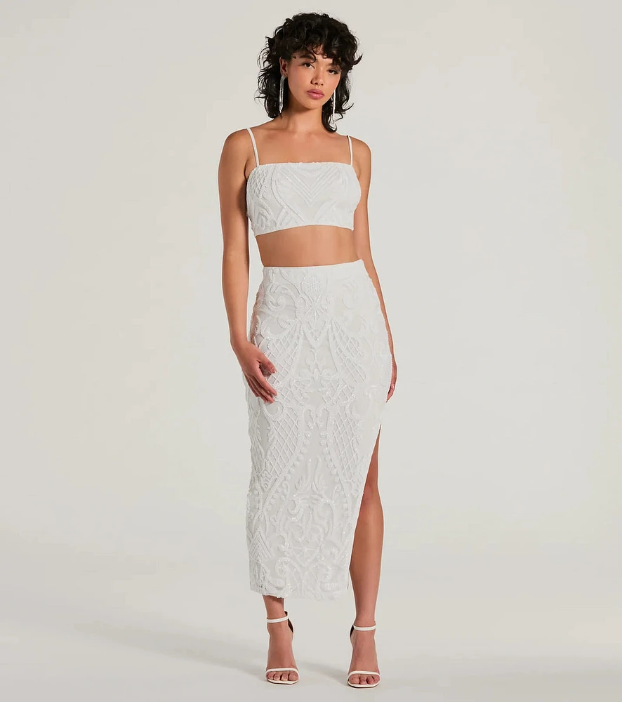 Let It Shine Sequin High Slit Midi Skirt