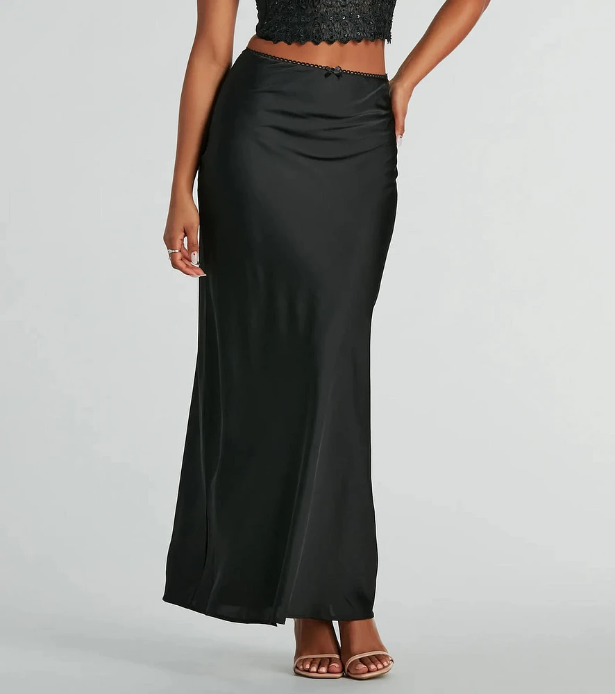 Beyond Classy High-Rise Bow Satin Maxi Skirt