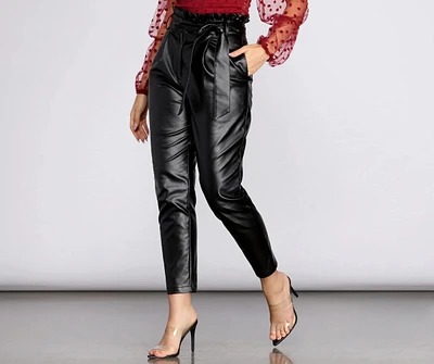 Paper Bag Tie Waist PU Tapered Pants