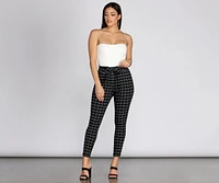 Plaid Paper Bag Tie Waist Skinny Pants