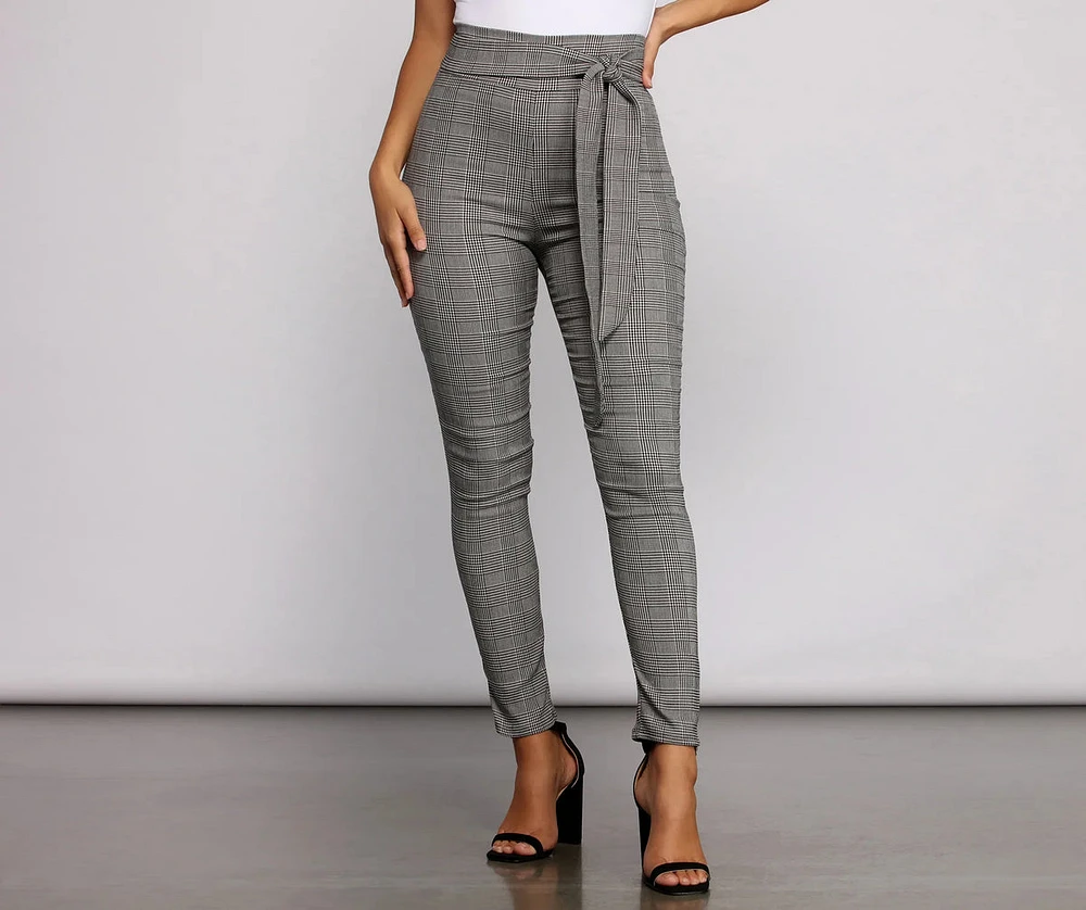 Poised Plaid Tie Waist Skinny Pants