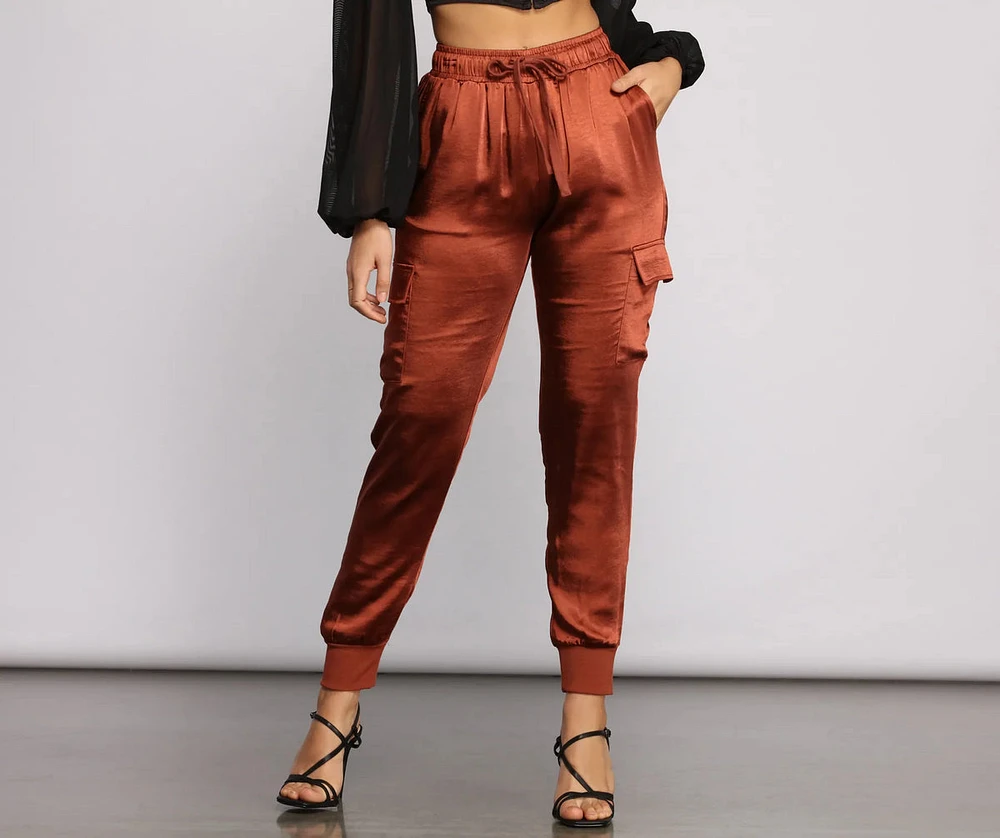 High Waist Satin Cargo Joggers