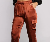 High Waist Satin Cargo Joggers