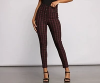 High Waist Snap Front Plaid Skinny Pants