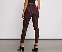 High Waist Snap Front Plaid Skinny Pants