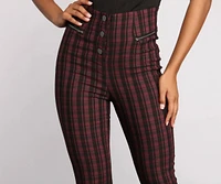 High Waist Snap Front Plaid Skinny Pants