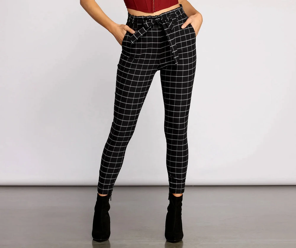 High Waist Paperbag Window Pane Pants