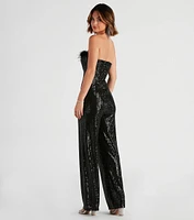 Always Fabulous Feather-Trim Sequin Jumpsuit