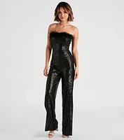 Always Fabulous Feather-Trim Sequin Jumpsuit