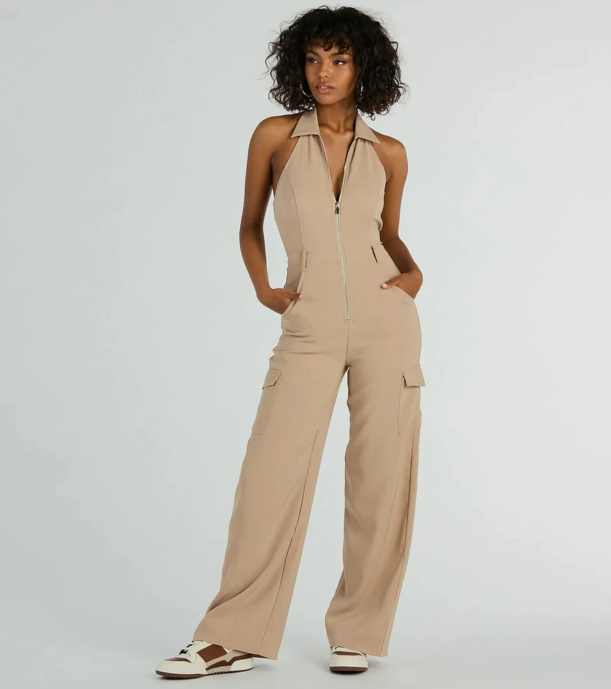 Traveling Cute Halter Wide-Leg Cargo Jumpsuit