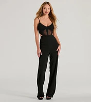 Chic Position Cutout Mesh Crepe Wide-Leg Jumpsuit