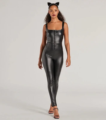 Dare To Allure Faux Leather Hook-Eye Catsuit