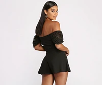 Polka Dot Puff Sleeve Sweetheart Neck Crepe Romper