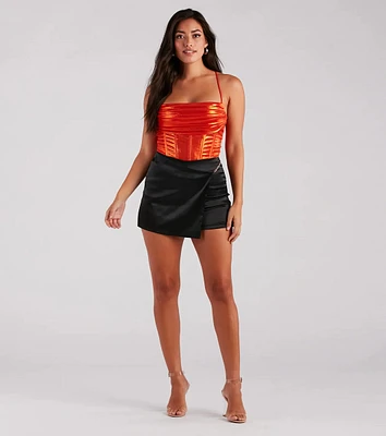 Sleek Silky-Satin Faux Wrap Skort