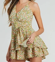 My Element V-Neck Bow Ruffled Floral Romper