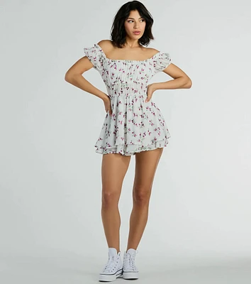 Cutest Vibe Puff Sleeve Floral Chiffon Romper