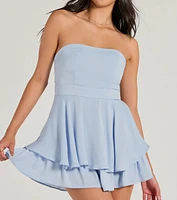 Charmed Strapless Ruffled Woven Skater Romper