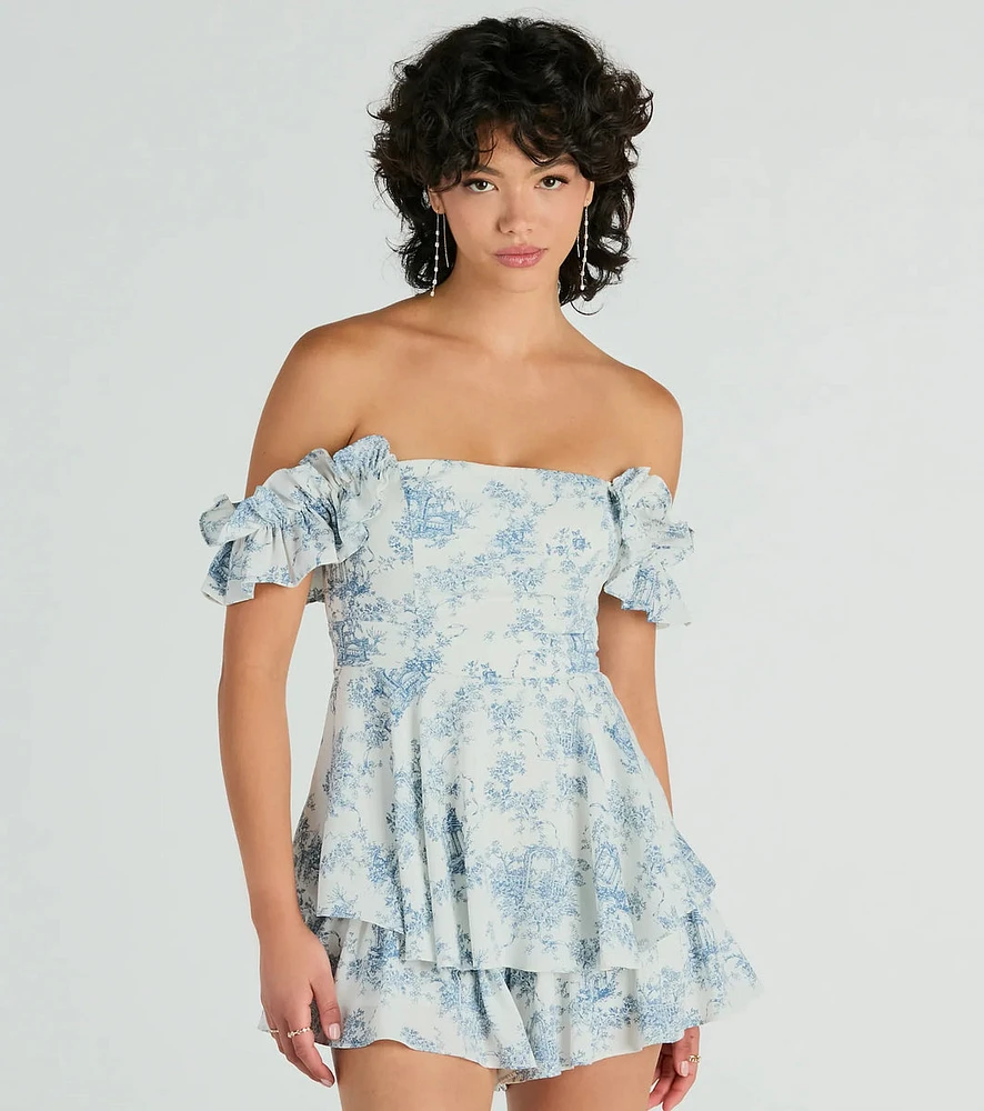 Pretty Girl Ruffled Off-The-Shoulder Scenic Print Romper