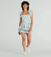 Pretty Girl Ruffled Off-The-Shoulder Scenic Print Romper