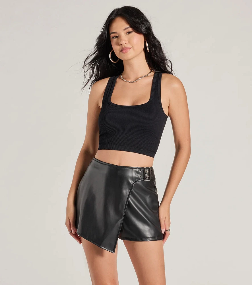 On The Edge High Rise Belted Faux Leather Skort