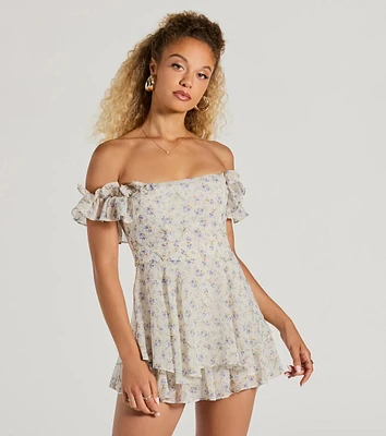 Fun And Flirty Off-The-Shoulder Ruffled Floral Romper