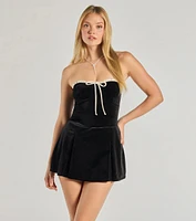 Adorable Status Strapless Bow Trim Velvet Romper