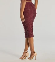 Bright Vibes Ruched Rhinestone Midi Skirt